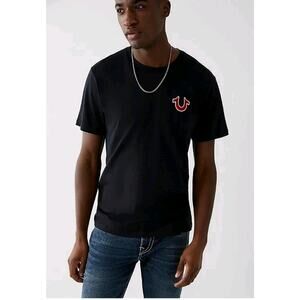 True Religion Y2K Buddha Logo Black Distressed Tee Sz S VTG Thrashed Streetwear